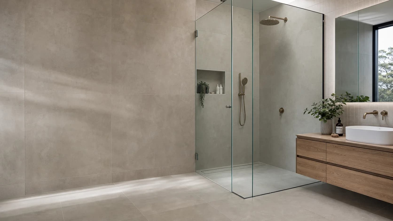 Modern bathroom with large-format tiles, a frameless shower and clean grout lines