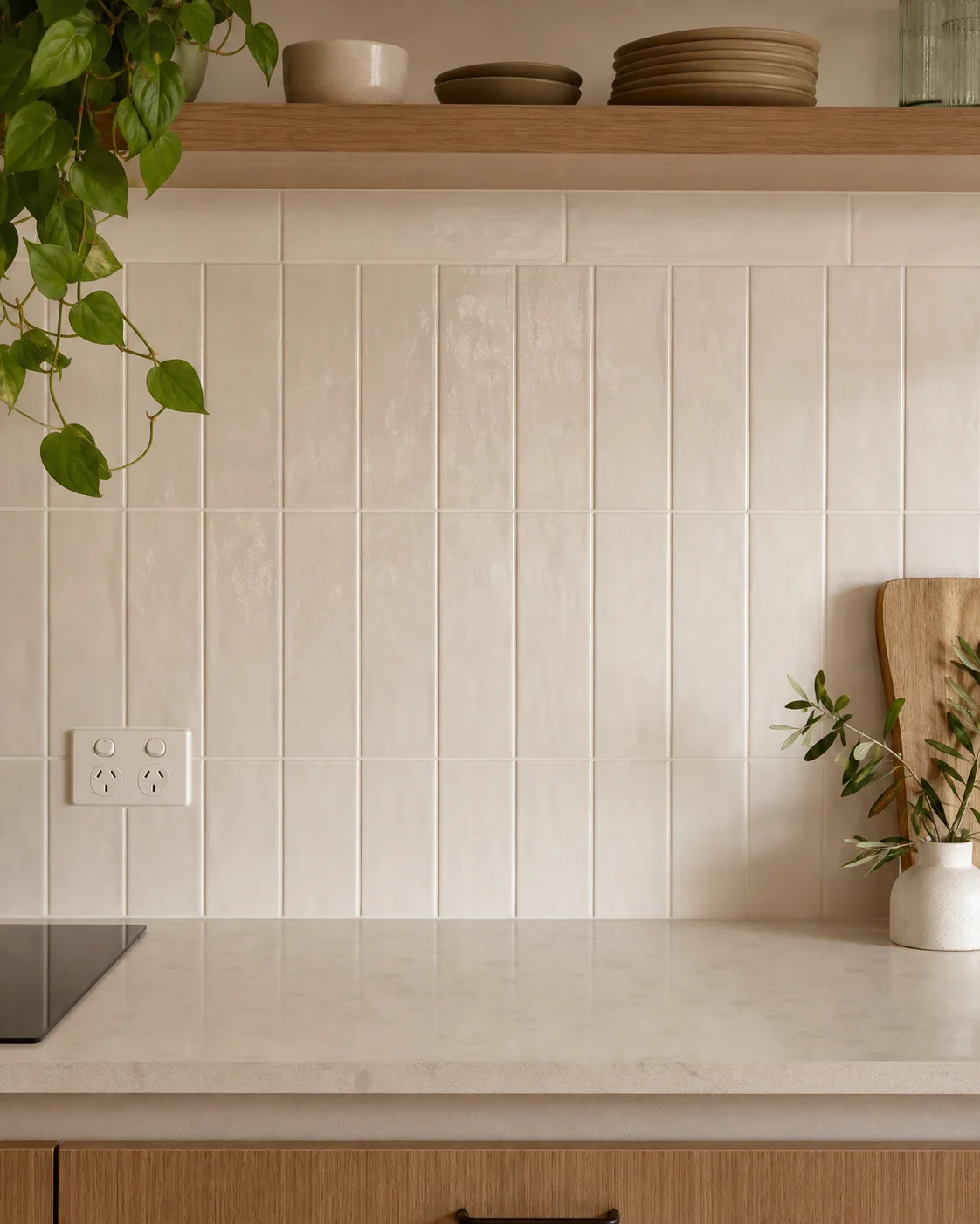 Warm off-white tiled kitchen splashback with timber shelving
